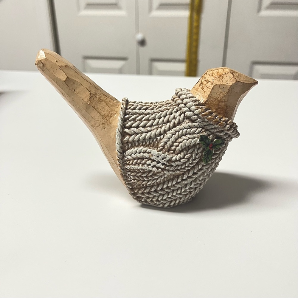 Resin Bird Wearing Cozy Sweaters  Faux Wood Decor Accents
